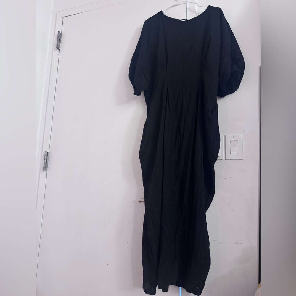 UOOZEE  Linen Blend Long Dress Dolman Sleeves  Pleated Waist 3XL Side Pockets